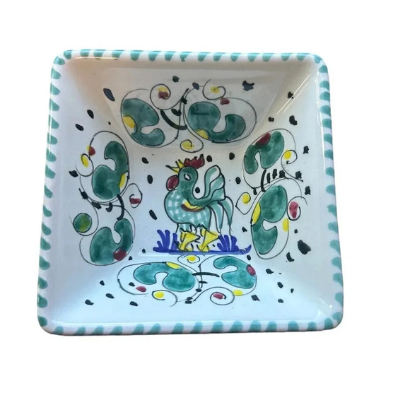 Sambuco Mario Other - Sambuco Mario Deruta Italy Green Rooster Square Small Bowl